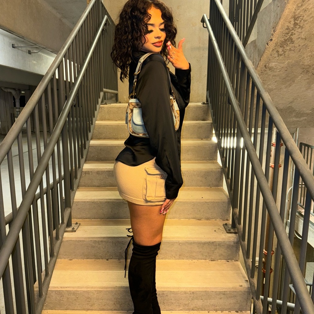 Black Satin Blouse and Beige Mini Skirt Set
